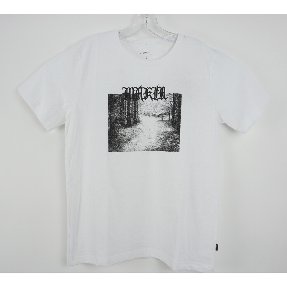 New Makia Skog Men's Medium Short Sleeve White Black Scenery Recycled T-Shirt